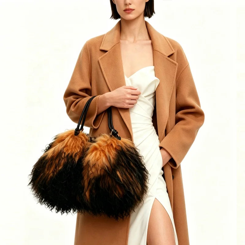 5 Colors Luxury Winter Ombre Faux Fur Leather Hobo Shoulder Tote Bag Women Single Strap Two-Tone Black Camel Fluffy Large Capacity Luxury Bags Ladies Apparel Accessories
