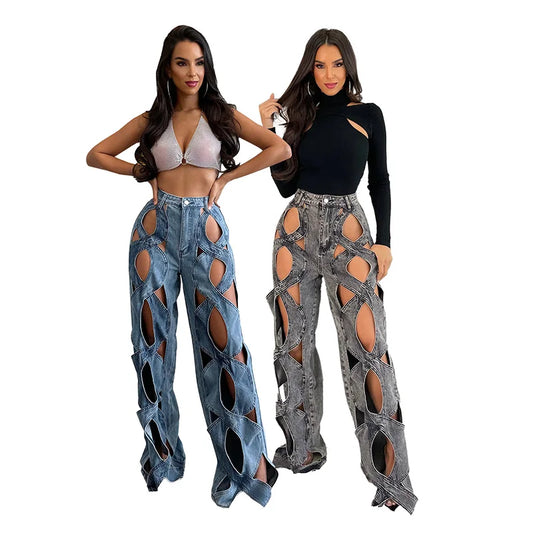 TikTok Most Popular S-2XL Blue/Black Color Women's Streetwear Vintage Unique Autumn Spring Sexy Pants Hole Patchwork Washed Denim Straight Sexy Women Jeans Casual Clothing Supplies