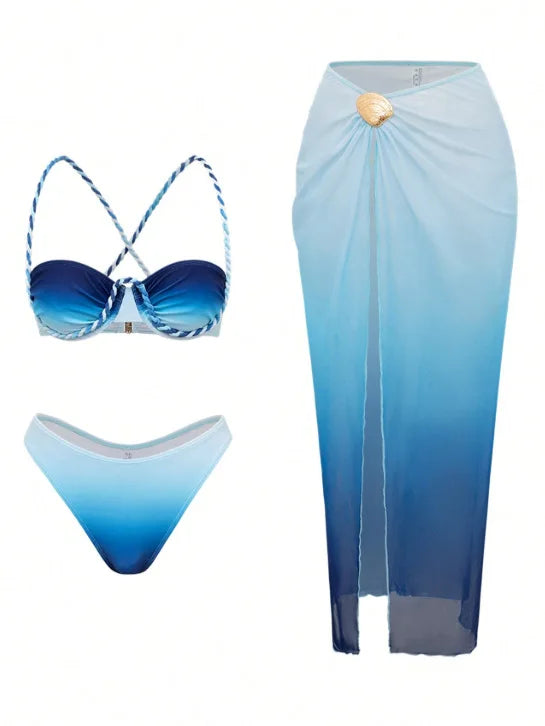 NEW Arrivals 3 PCS Set Light Blue/Dark Blue/ Dark Orange  Color Print Trendy Women Sexy Swimwear Braided Underwire Bikini and See Through Cover Ups Skirt Set Brazilian Beachwear Ladies Luxury Swimsuit Set