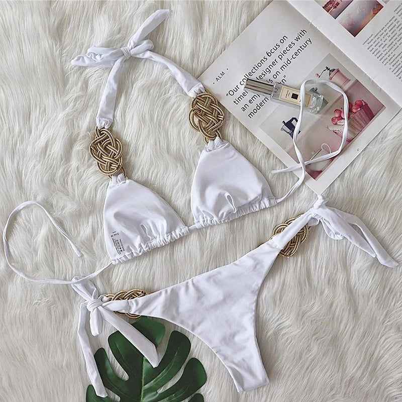 NEW Arrivals 2PCS Set  5 Colors Sexy Patchwork Halter Knitted Bikini Women Swimwear Female Swimsuit Bikini Set Brazilian Bather Bathing Suit Ladies Swimming Pool Luxury Beach Wear