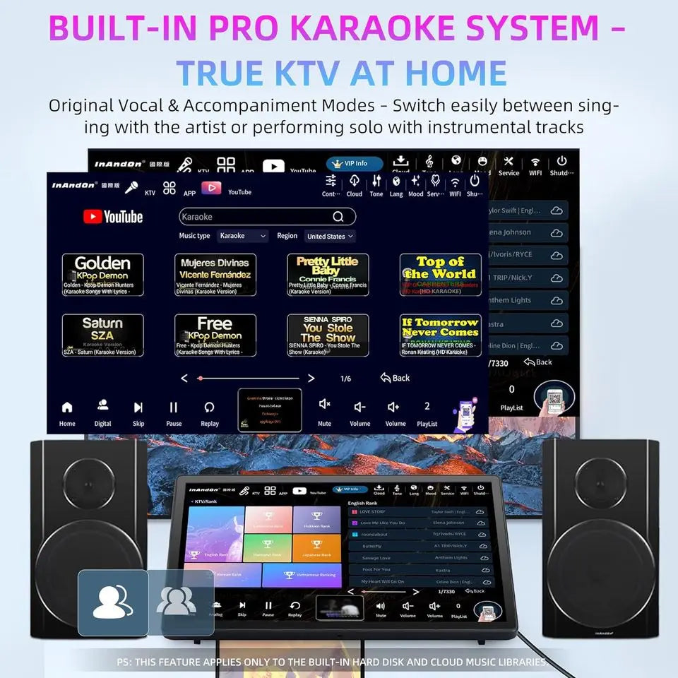 HOT SALE 5 in 1 Professional Karaoke Sound System  KD9Max HD Karaoke Monitor Machine Speakers +karaoke System +15.6'' Touchscreen +mixer +2 Wireless Mics +Double System +2G