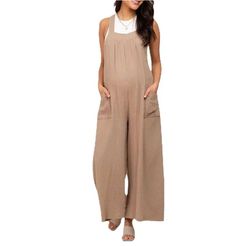 Blue/Black/Khaki Color Women's Casual Maternity Clothing Loose Sleeveless Straps Wide Leg Jumpsuits Pockets for Pregnant Women Overalls for Comfortable Outfits Female Pregnancy Clothing Supplies