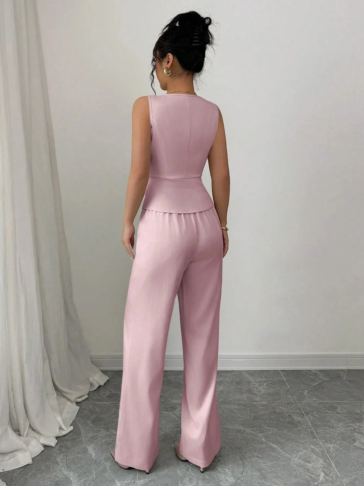 2 PCS Luxury Set 8 Colors S-3XL Summer European American Women's Collarless Spliced Casual Solid Color Sleeveless Skinny Top Quality Vest High-Waisted Long Pants Set Women Clothing Supplies.