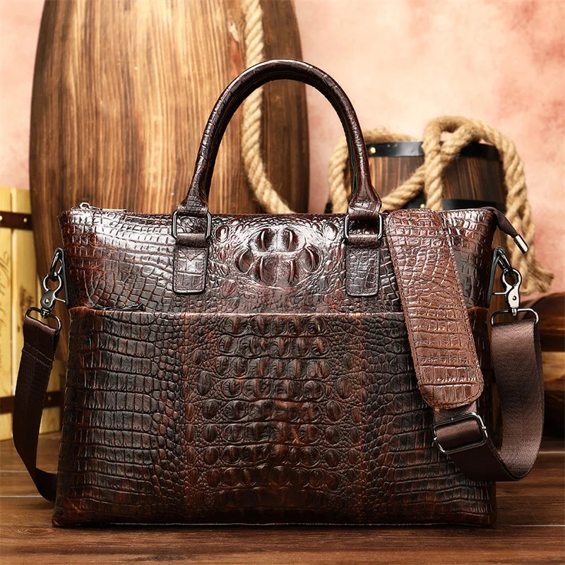 Alligator Genuine Soft Leather Embossed Crocodile Leather Men's Business Lawyer Office Professional Documents Briefcase Shoulder Handbags Luxury Office Custom Logo Zipper Closure Luxury Briefcase