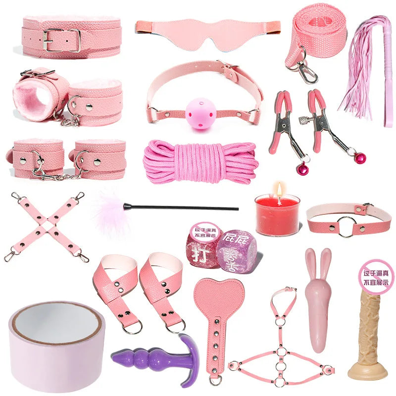 18 PCS Set 4 Colors BDSM  Fetish Sex Party Binding Handcuffs Leather Whip Anal Plug Adult Couples Intercourse Sex Toys Sex Play Tools Set