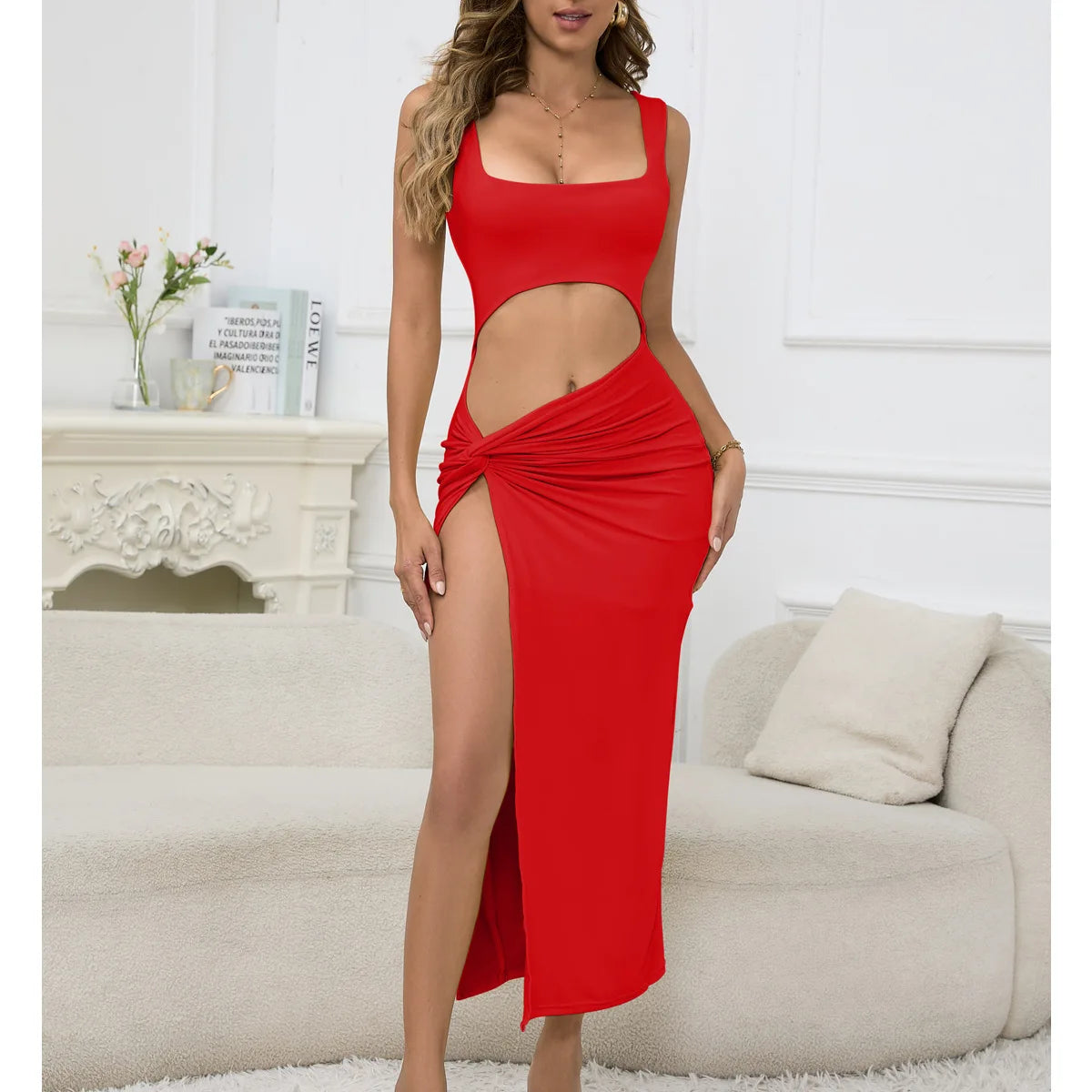 NEW Arrivals 4 Colors Boutique Gala Sales Summer New Fashionable Square Collar Strap Solid Color Hollow Sexy Women's Asymmetrical Dress Evening Beach Party Night Clubwear Slit Dress Ladies Sexy Apparel Supplies