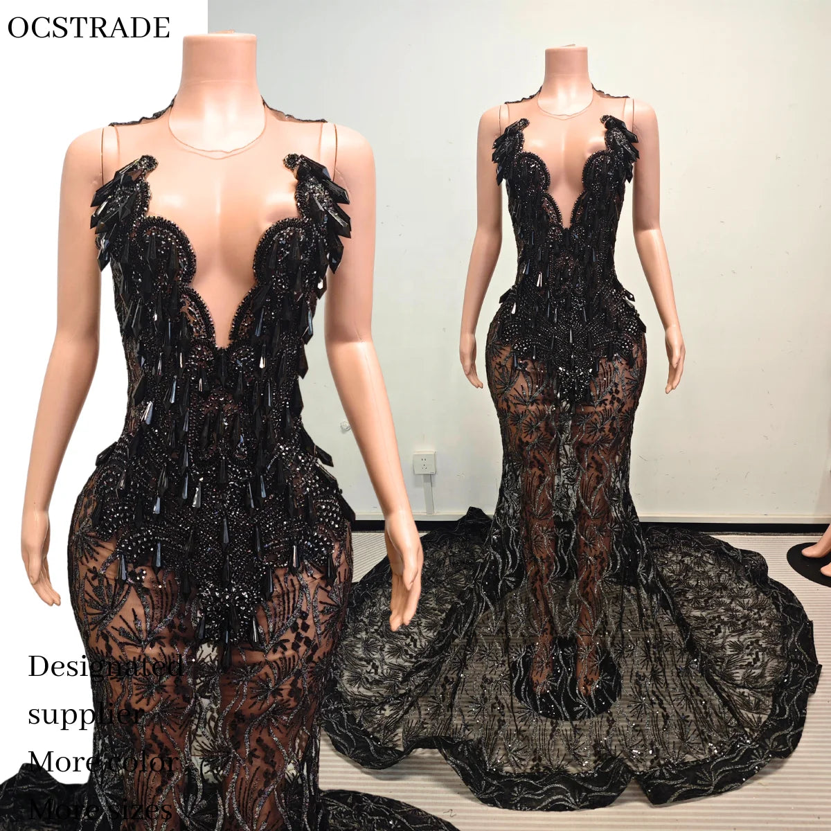 Boutique Gala HOT SALE  NEW Arrivals 20 Colors Luxury See Through  Black Rhinestone Deep V Cut Mermaid Top Quality Celebrities Red Carpet Prom Dress Sheer Mesh Lace Beaded Fringe Long Train Pageant Evening Formal Gown
