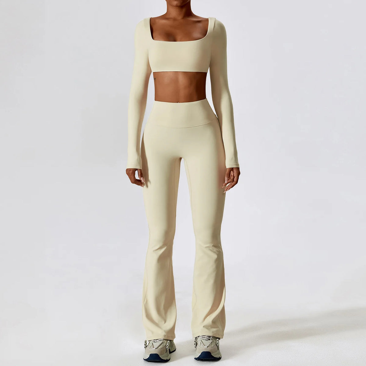 2-Piece Yoga Set Women Long Sleeve Square Neck Crop Top & High Waist Flare Pants Set Scrunch Butt Gym Fitness Activewear