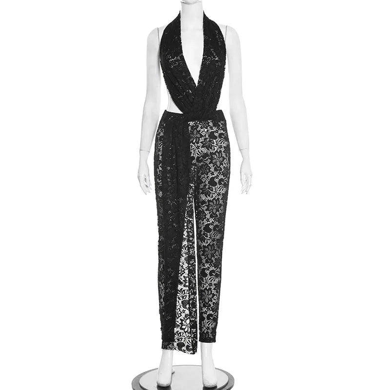 NEW Arrivals Black/Red Color Women Sexy Evening Party Night Clubwear Hot Sexy Sleeveless Backless Lace Pants Jumpsuit