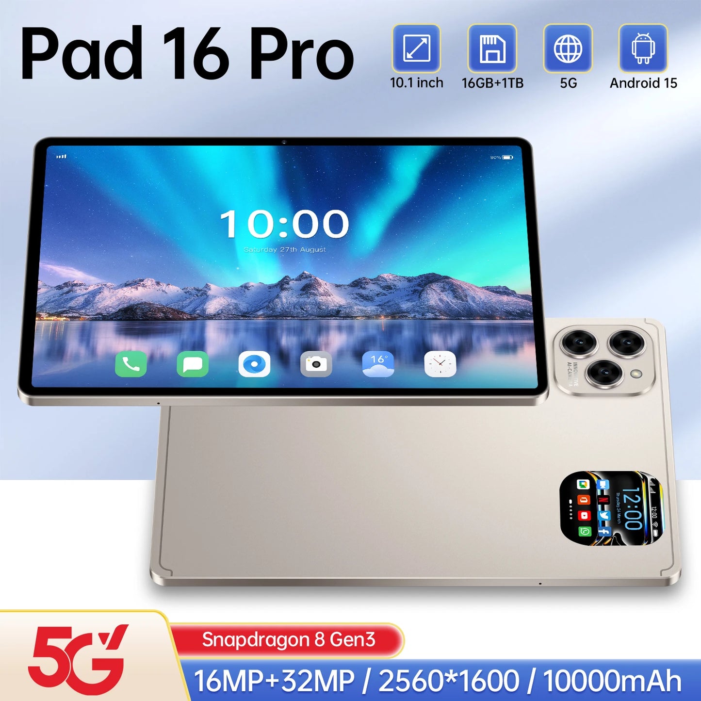 NEW Design Pad 16 PRO 16GB+1TB 5G Smart Tablet 10.1 Inch High Resolution Capacitive Touch Screen 10000mAh Battery