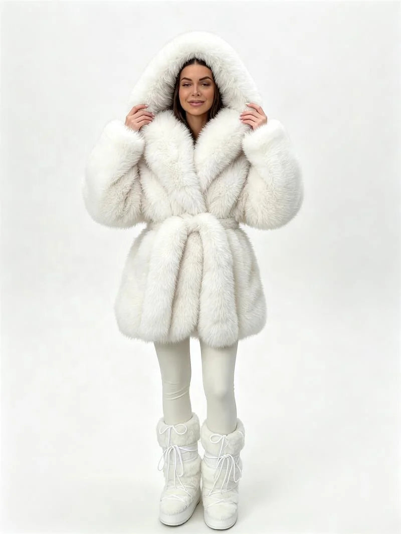 White/Dark Brown/Black Color S-3XL Plus Size Women Top Quality Hooded Artificial Fur Jacket Oversized Fur Collar Belted Waist Winter Warm Fluffy Mid-Length Coats Women's Faux Fur Coats Women Winter Apparel Supplies