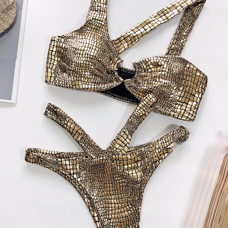 NEW Arrivals Silver/Pink/Gold Asymmetric Shiny Snake Skin Thong Bikini Female Swimsuit Women Swimwear Two Pieces Bikini set High Cut Bather Bathing Suit Swim Girls Ladies Beach Wear