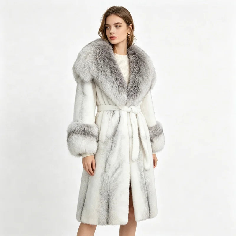 Black/White Color Women's Elegant Thick Woven Plush Artificial Fur Coat Big Lapel Fox Collar Belt Waist Long Winter Warm Eco-Friendly Plain Dyed Outerwear Windproof Long Jackets Ladies Winter Apparel Supplies.