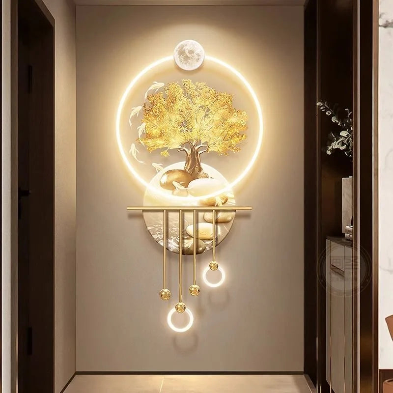 Wealth Life Tree 100*50cm with Lights Metallic Wall Art Creative Decoration Living Room for Home Office Decor Luxury Art Item House Decoration