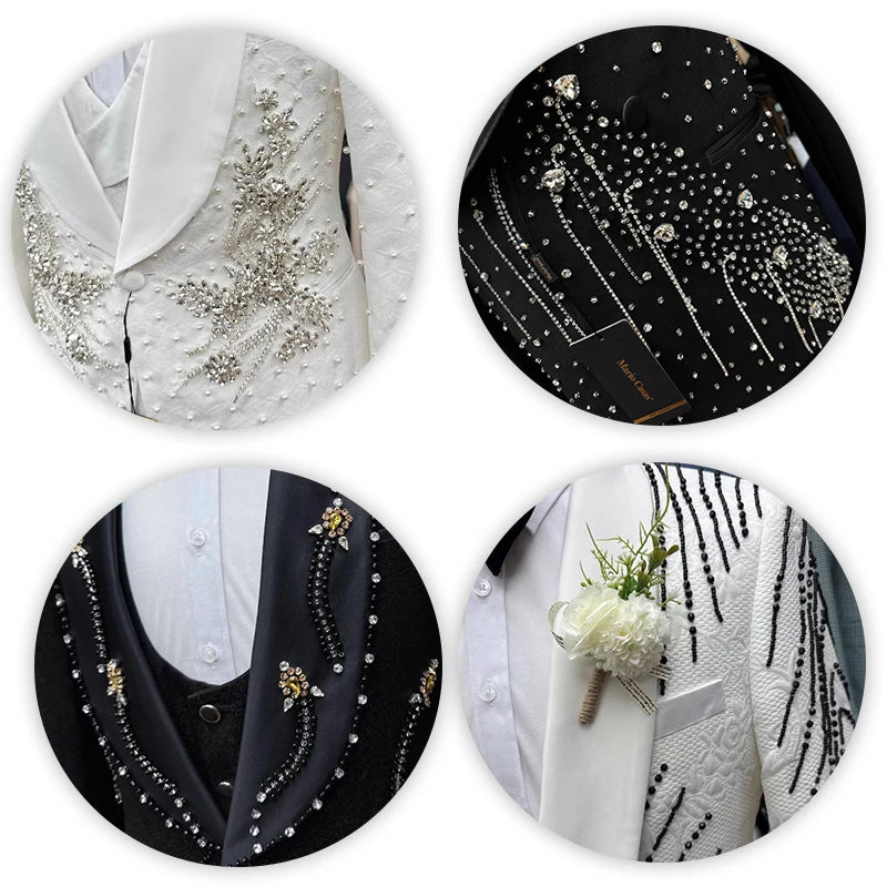 Boutique Gala HOT SALE 2 PCS Set Custom Made Men Slim Fit Double Breasted American Style Luxury Black Tuxedo with Crystal Beading for Wedding Guest Night Dinner Prom Evening Business Party Male Formal Apparel Supplies