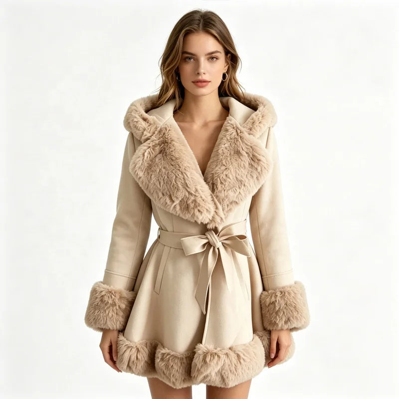 5 Colors UK (6-20) Large Size  Women's Streetwear Thick Plain Dyed Woven Single Breasted Faux Fur Trim Hooded Belted Winter Trench Coat Winter Warm Autumn Apparel Clothing Supplies