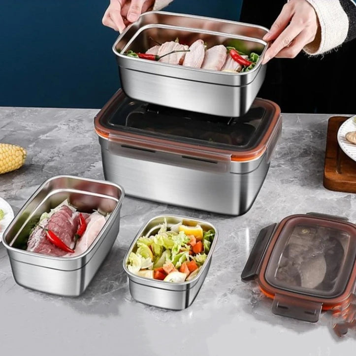 4 PCS Set 550/1100/190/3500ml  Stainless Steel Food Storage Box With Transparent Lid Multipurpose Food Container Crisper Box for Fruit/Vegetable/Meat Storage Home Restaurants Cookware Supplies