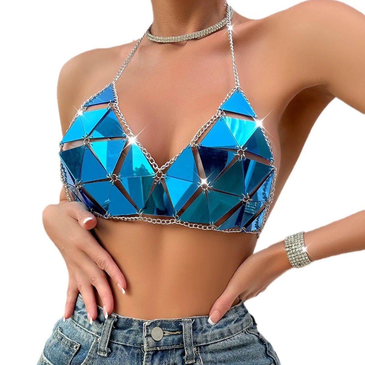 NEW Arrivals 7 Colors  Sexy Triangle Sequin Body Chain Women Party Club Beachwear Acrylic Shiny High Cut Top with Adjustable Straps