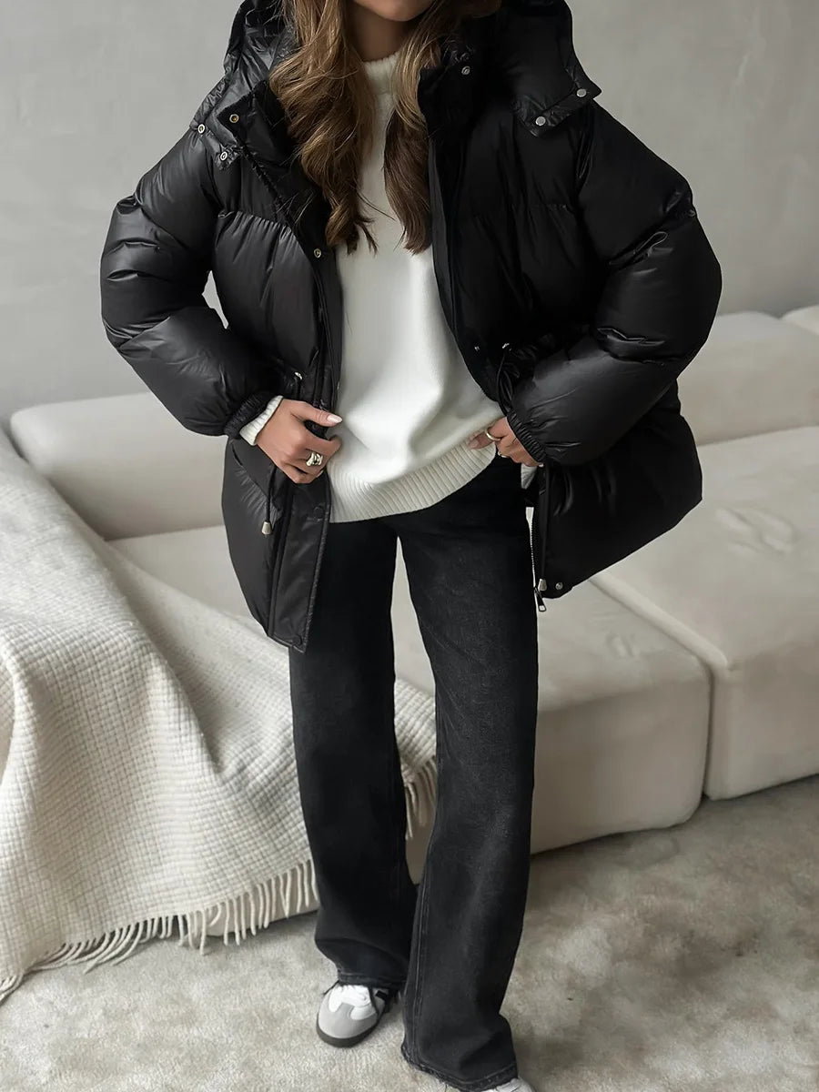 NEW Arrivals 4 Colors Women's Winter Waterproof Parka Mid-Length Soft Drawstring Waist Hooded Puffer Jacket  White Loose Warm Coat Snow Outerwear Jackets Women Winter Apparel Supplies.