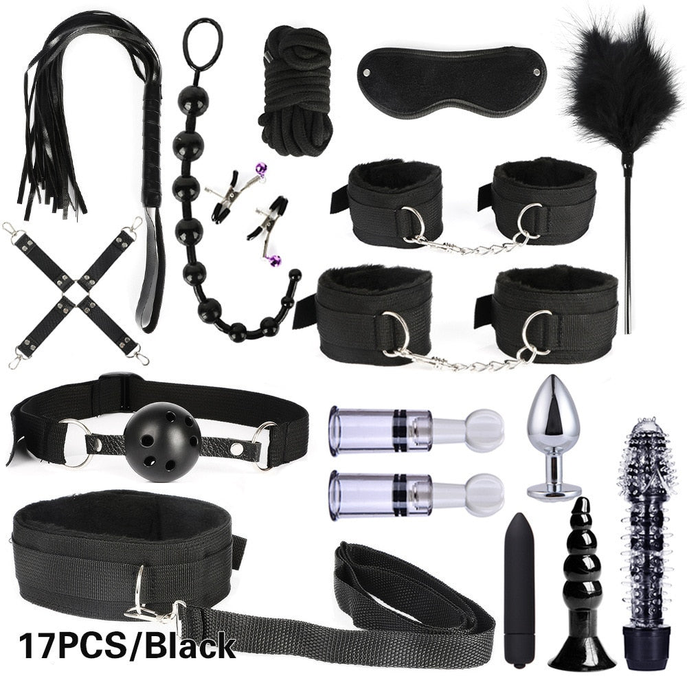 Adult leather plush bondage bundle set, gag, whip, butt plug, sex toys for women, nipple clips, erotic toys