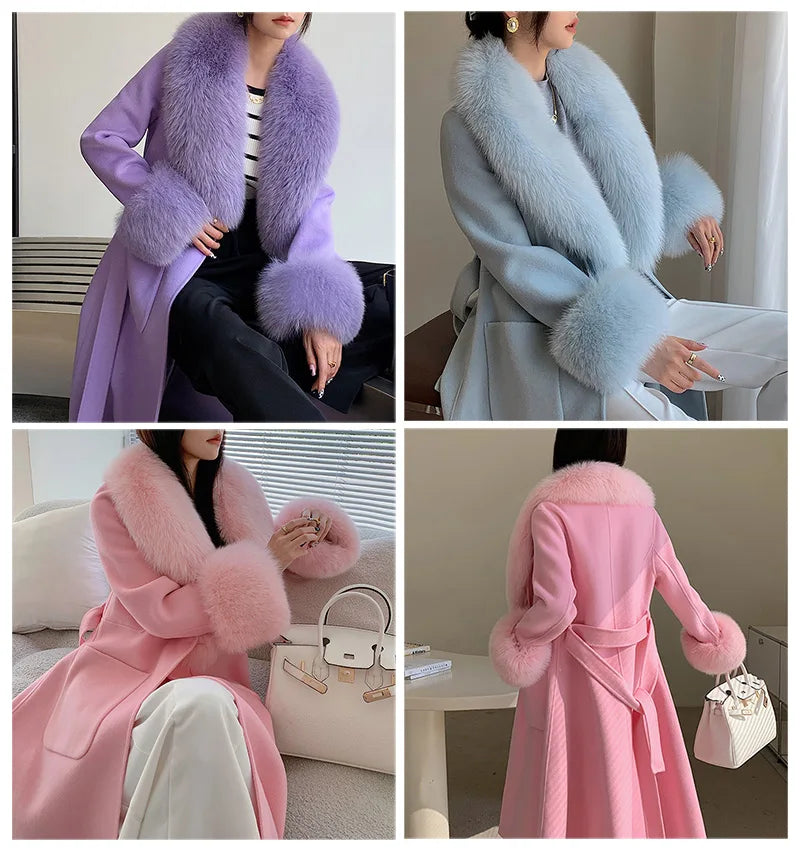 Boutique Gala HOT SALE S-4XL Plus Size Winter Warm Alpaca Real Sheep Wool Long Coats Women Real Cashmere Wool Coat With Detachable Natural Fox Fur Collar Cuffs Outerwear Jackets Ladies Luxury Apparel Supplies