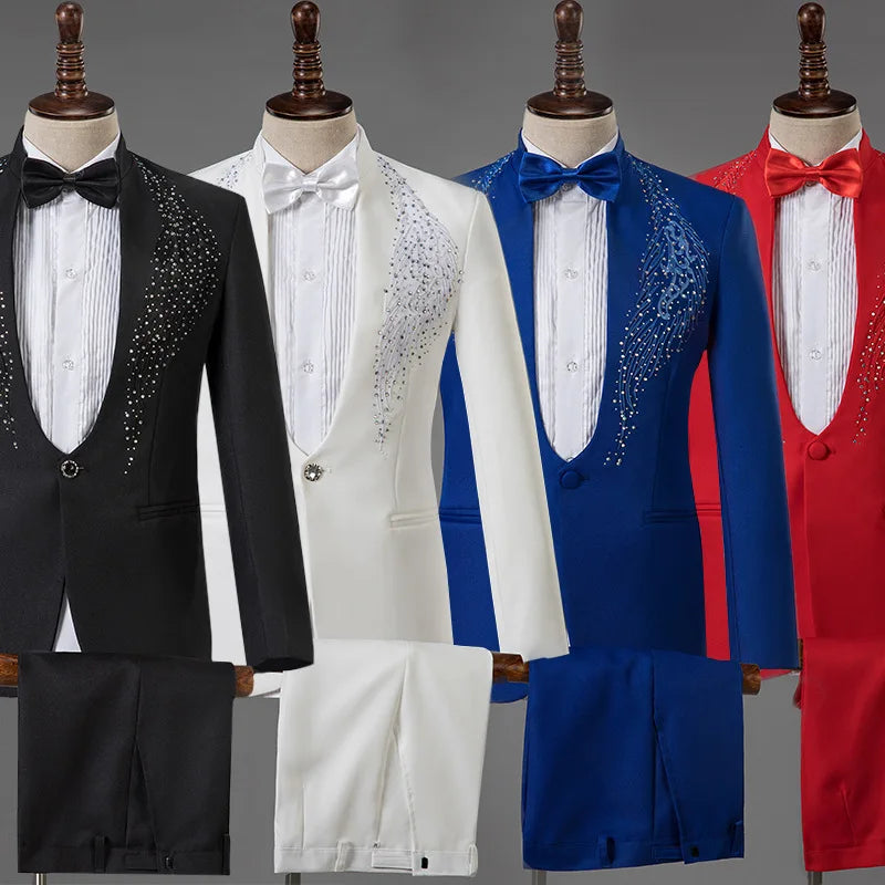 Father of Bride Men's Luxury Stand Collar Rhinestones Suit S-2XL New Fashion Embroidery Blazer Slim Set Wedding Evening Prom Party Night Business Party Celebrities Costume Gentleman Formal Apparel Supplies