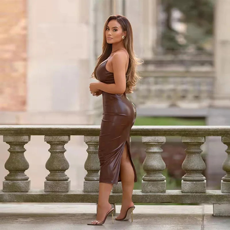 Black/Brown Color Women Sexy Sashes PU Leather Dress Women's Autumn Winter Spring Fashion Sexy Ribbons Maxi Dresses Night Clubwear Evening Festival Party  Ladies Sexy Apparel Supplies