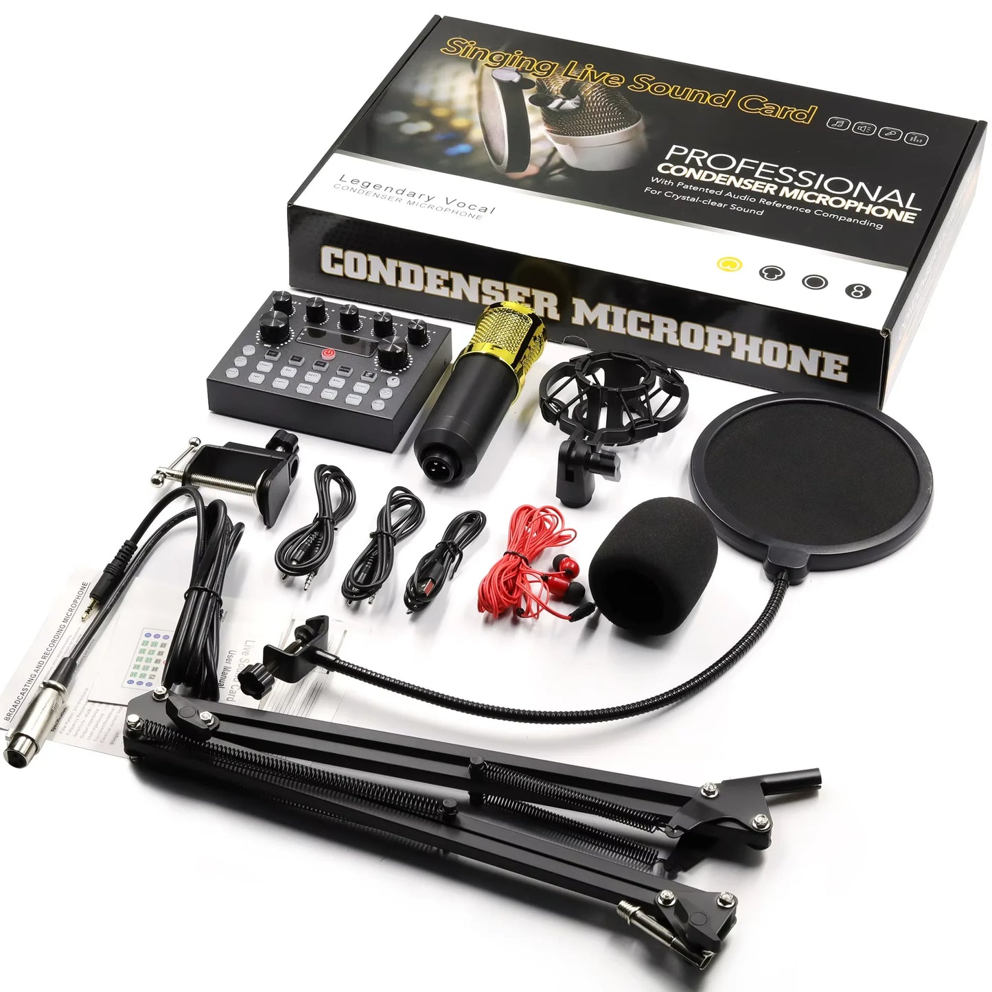 NEW Full Set Black/Silver/Gold Color Professional BM800 Condenser Wireless Microphone Kit with V8 Sound Card Mixer Controller Set Live Streaming Mic Podcast Tools Set