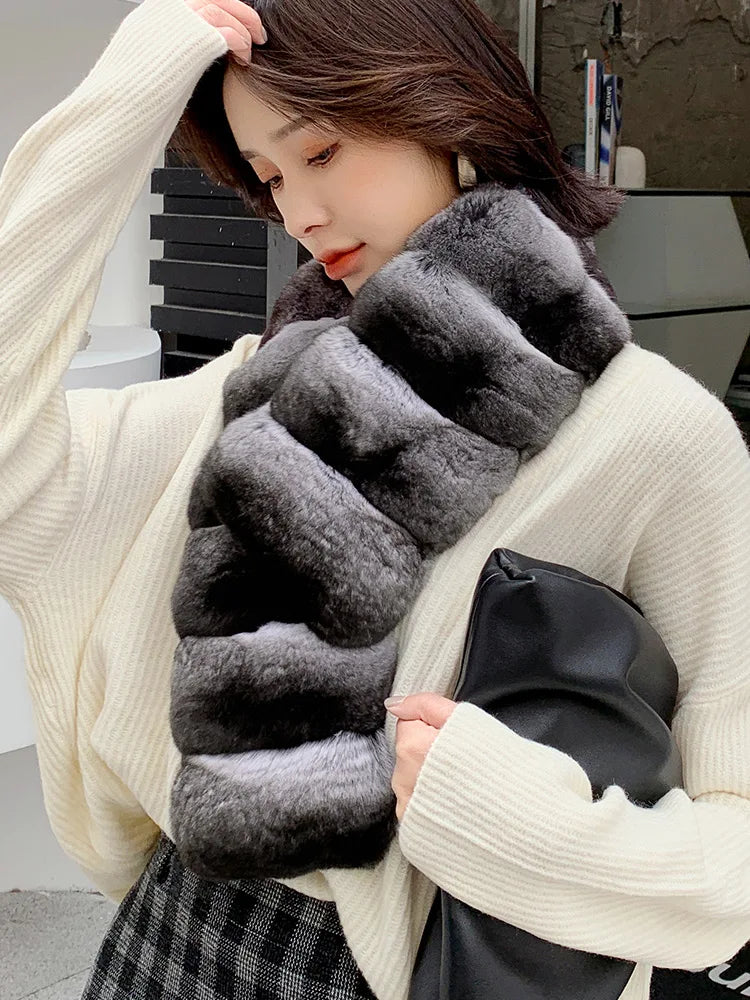 NEW Fashion Women's Winter Warm Natural Rex Rabbit Real Chinchilla Fur Short Scarf Chinchilla Ladies Luxury Apparel Accessories