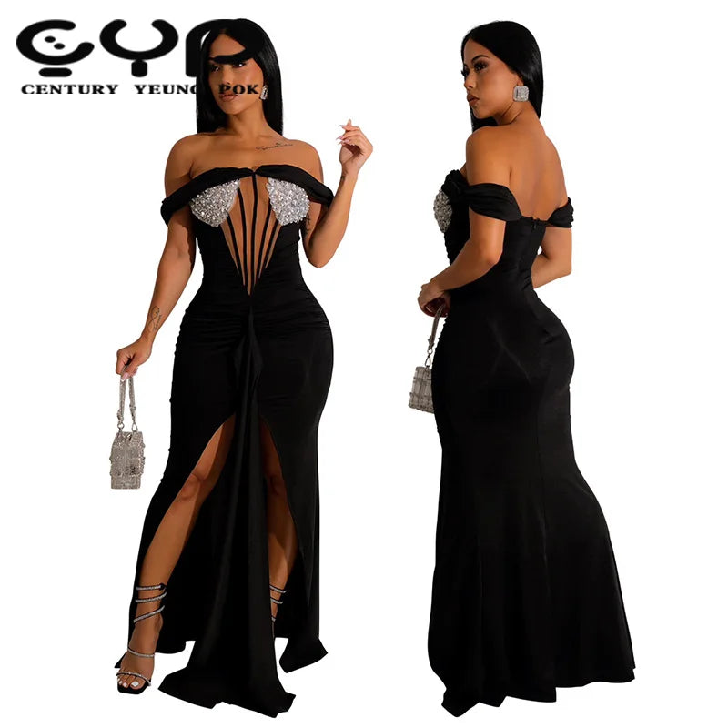 New S-2XL New Products  Elegant Sexy Women Clothing Off Shoulder Sequin Party Prom Irregular Evening Slit Maxi Dress