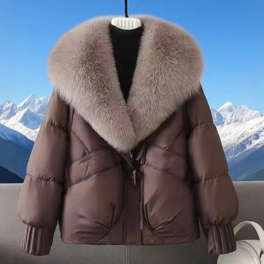 NEW Arrivals 5 Colors M-2XL Women's Winter New Large Fox Fur Collar Cotton Padded Women's Short Thick Vintage Zipper Coat for Petite People Winter Warm Windbreaker Outerwear Women Casual Apparel Accessories