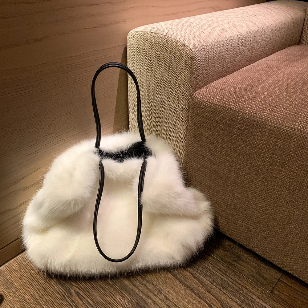 New Luxury Women Girls Real Mink Fur Shoulder Bag Totes Handbag Brand Party Bag Ladies Natural Mink Fur Hand Bags Luxury Versalite Designer Evening Bag Female Ladies Luxury Fashion Clothing Accessories Products