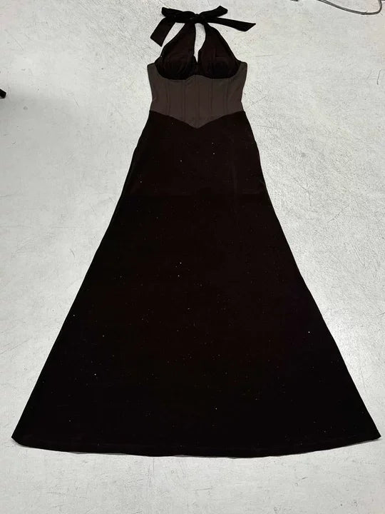 Women's See Through Halter Neck Backless Sexy Maxi Dress, Fishbone Corset Waist Sparkly Sheath Evening Party Gown Night Clubwear Ladies Sexy Clothing Supplies
