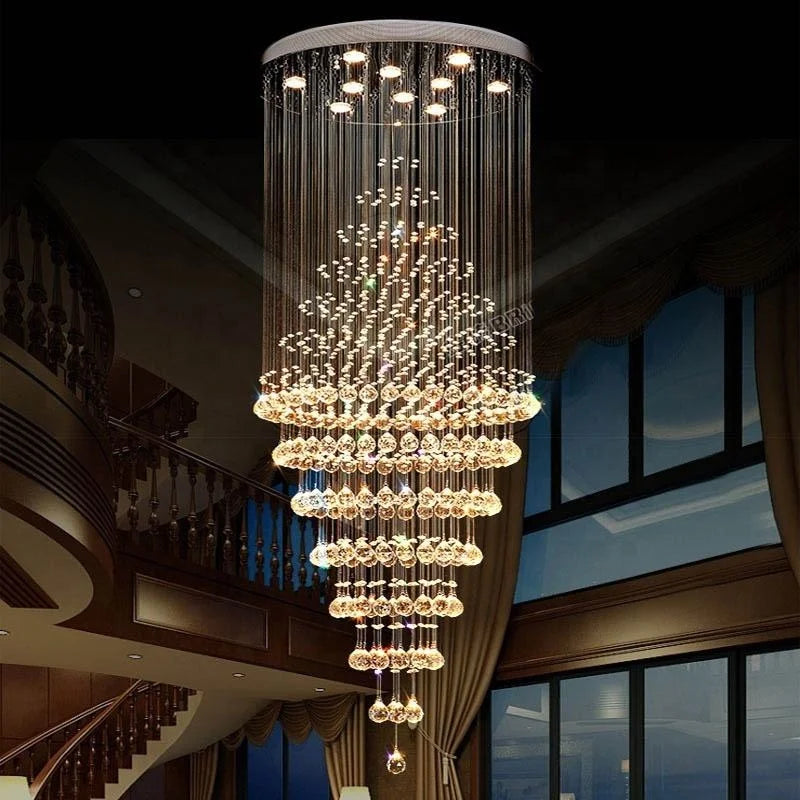 HOT SALE Villa Home Living Room Staircase Luxury Crystal Long Chandelier Hanging Pendant Lamps for Villa Hotel Bar Lobby  Restaurant Hall Art Decor Home Lighting Supplies
