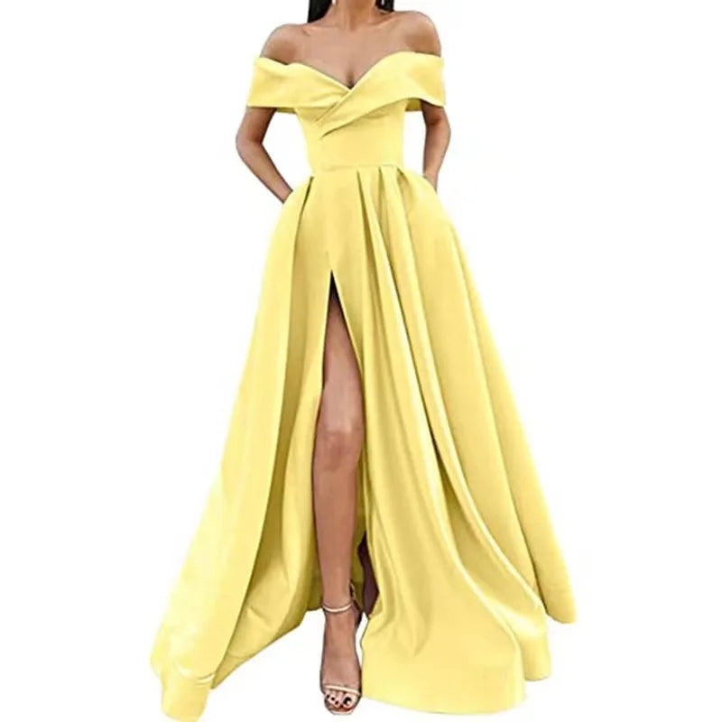 5 Colors Women Sexy V-Neck Evening Party Night Clubwear Long Maxi Dress Solid Elegant Sleeveless High Slit Dress Lady Fashion Off Shoulder Pleated Gown Ladies Sexy Apparel Supplies