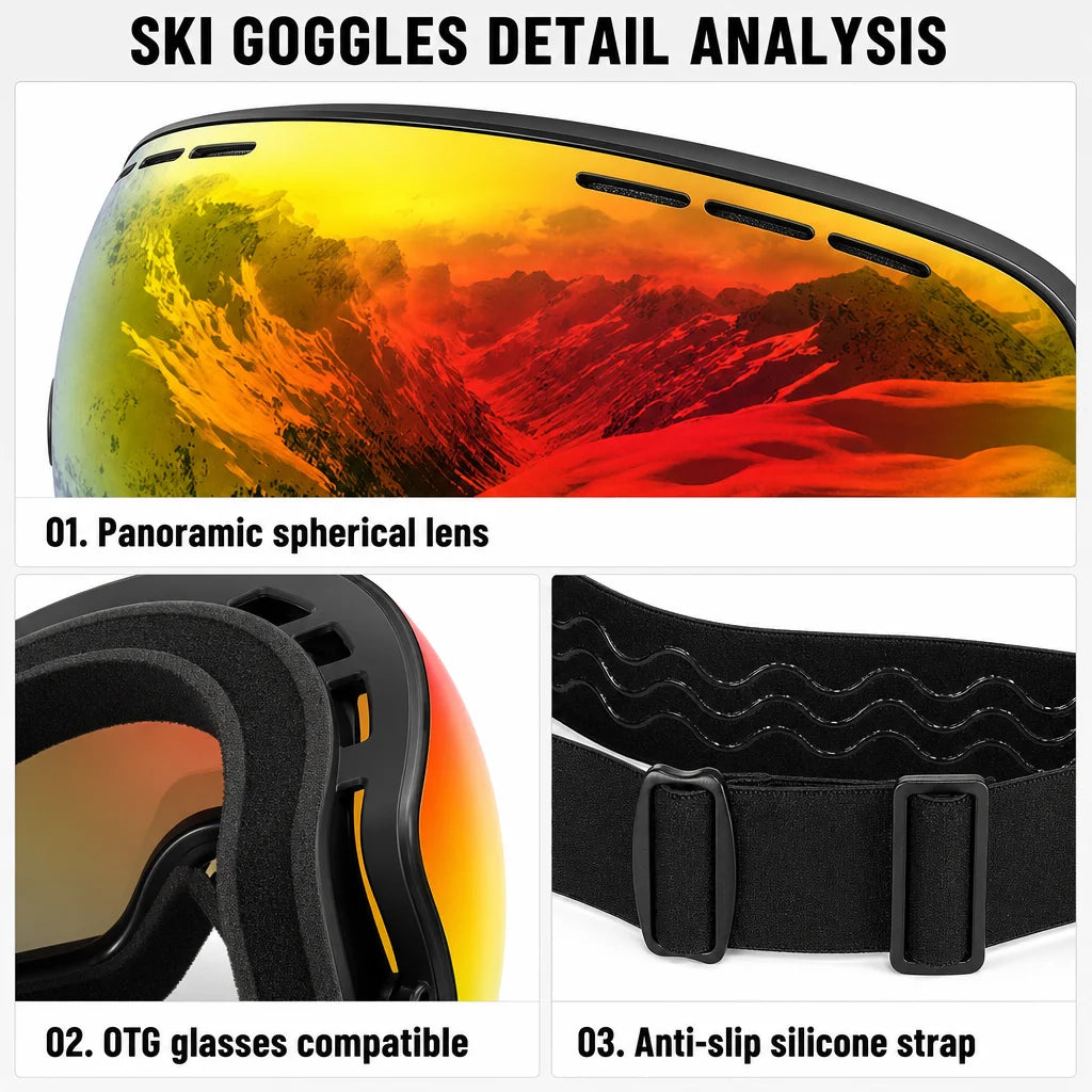 Women Men Professional Top Quality Ski Goggles PC Double-Layer Anti-Fog High-Definition Large Spherical Lens Waterproof Compatible Prescription Glasses UV400 Winter Sports Accessories
