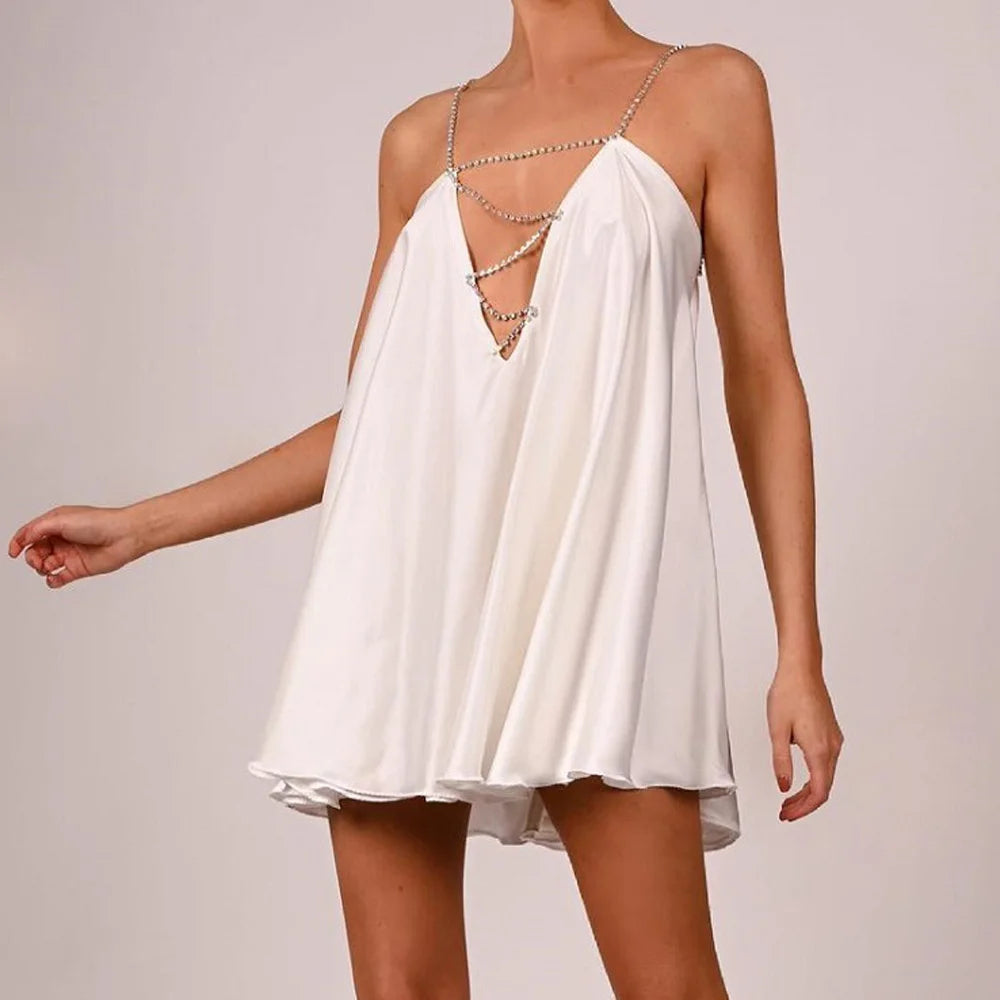 S-XL 6 Colors Women Holiday Clothes Club Party Clothes Summer Dress Diamonds Strap Chain Double Layers Satin Mini Dresses