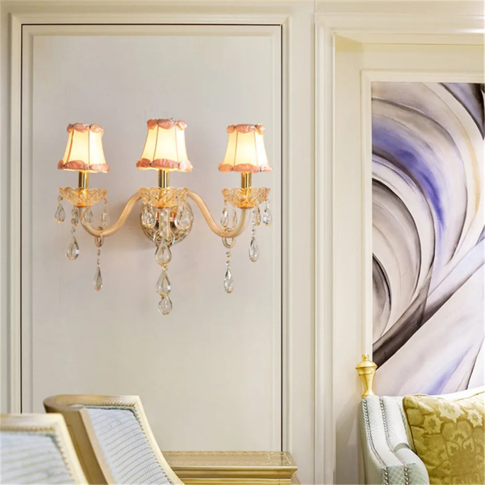 Villa Home Luxury European 3/5 Lights Champagne Crystal Candle Wall Lamp for Bedroom Corridor Villa Hotel Staircase Decor Lighting