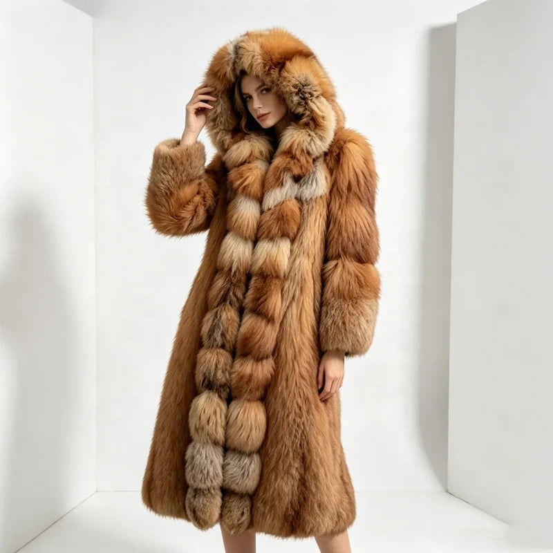 S-5XL Plus Size 4 Colors Premium Ladies Winter Luxury Hooded Artificial Fox Fur Coat Long Thick Warm Fluffy Fur Overcoat Women's Fashion Winter Outerwear Windproof Jacket Faux Fur Coats