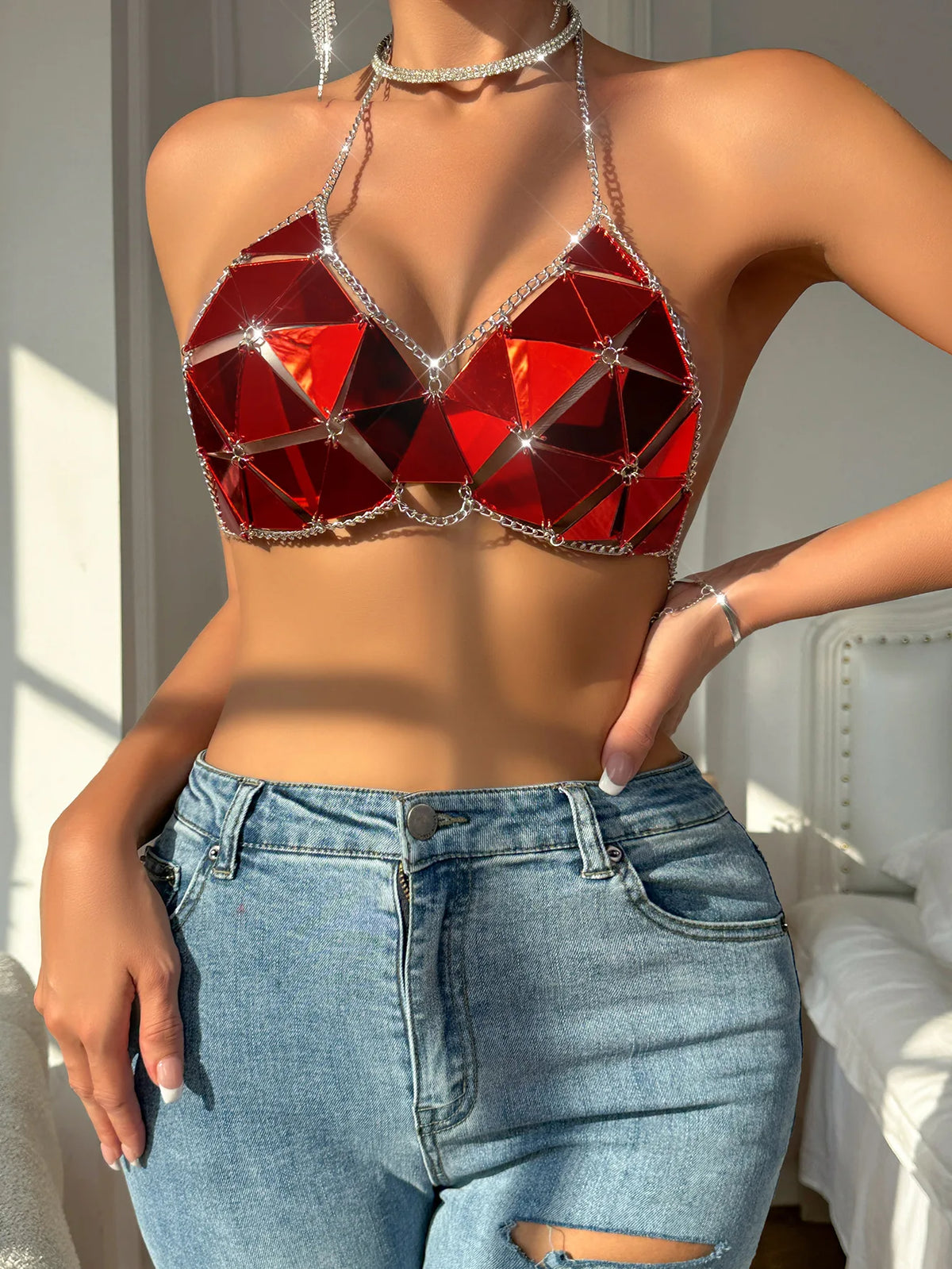 NEW Arrivals 7 Colors  Sexy Triangle Sequin Body Chain Women Party Club Beachwear Acrylic Shiny High Cut Top with Adjustable Straps