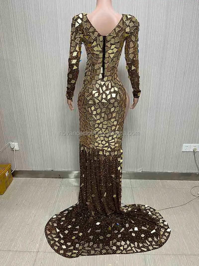 Luxury Mirror Glitter  Women  New Sexy High Slit Glittering Mirror Sequins Gold Dress Autumn Winter Spring Woman Dresses With Long Elegant Sweep Train Night Clubwear Prom Evening Party Luxury Maxi Gown