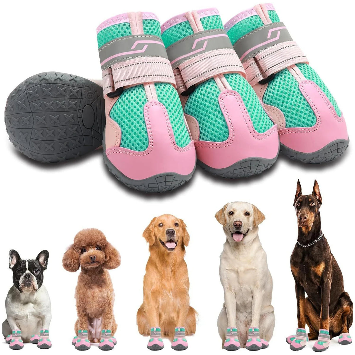 All Seasons Colorful Pet Shoes with Reflective Strips for Night Safety Mesh Fabric Breathable Rubber Anti-Slip Dog Shoes Pets Footwear
