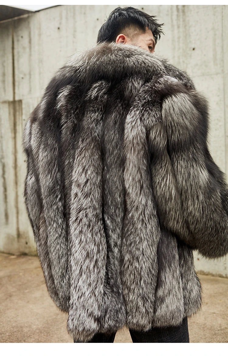 BEST PRICE White/Black Color M-3XL Plus Size Men's New Trendy Male Real Silver Fox Fur Lapel Design Coats Silver Fox Fluffy Furry Fur Coat Fur Jacket Gentleman Luxury Apparel Supplies