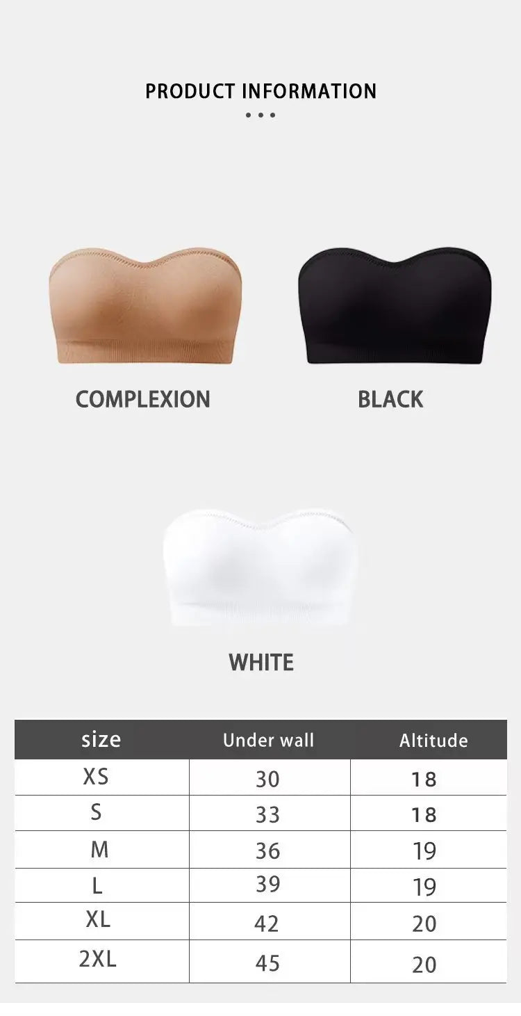 White/Black/Skin Color Xs-2XL Plus Size Seamless Strapless Bra with Non-Slip Tube Wireless Padding Push-Up Feature Wire-Free Support Women Underwear