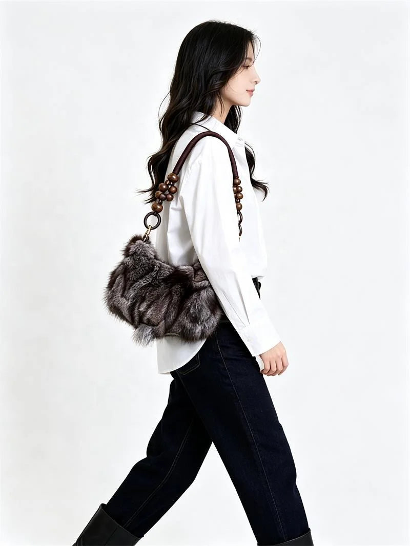 NEW Fashion Artificial Fox Fur Patchwork Underarm Bag Wooden Beaded Strap Women Fluffy Shoulder Purse Eco Faux Fur Handbag Women Apparel Accessories