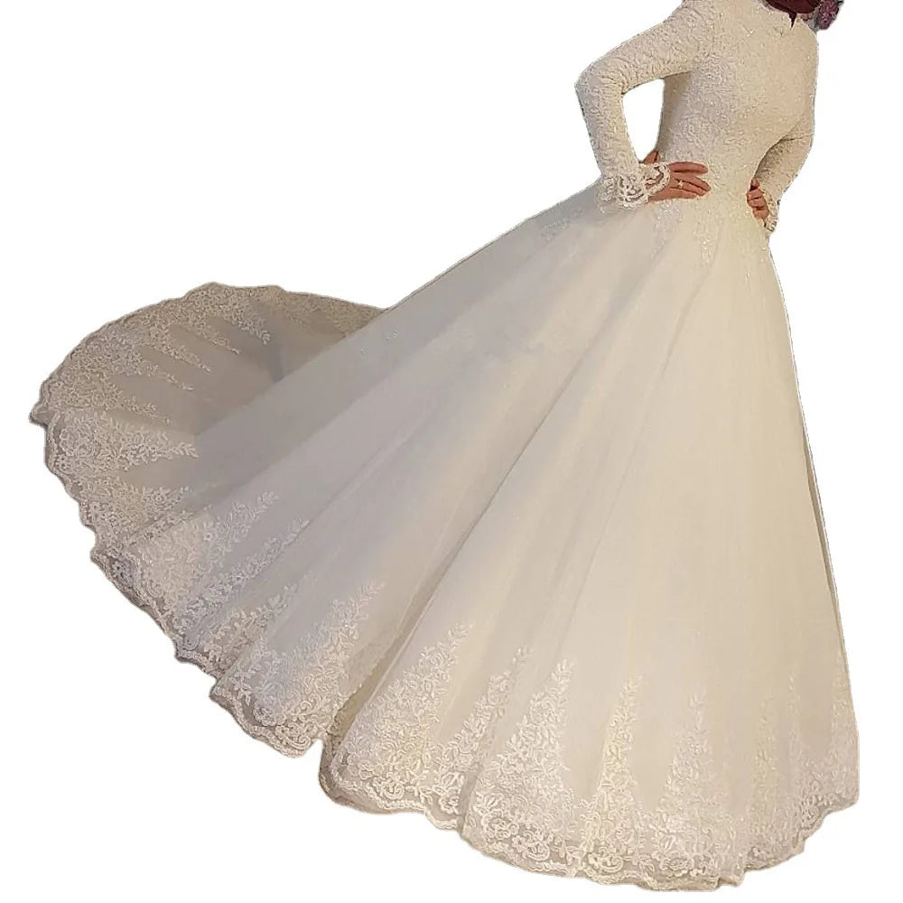 New Arrivals Islamic Wedding Long Sleeve Stand Collar Turkish Istanbul Muslim Women Modest Wedding Dress Plus Size Lady Bridal Gown With Long Sweep  Train Religious Ceremony Luxury Apparel Supplies