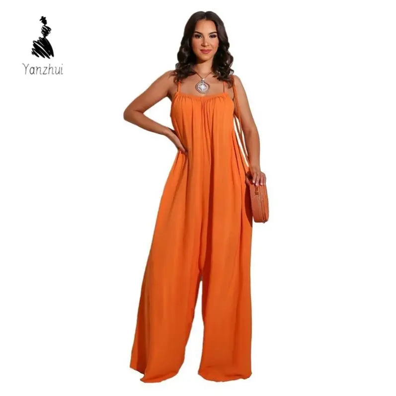 NEW Arrivals 8 Colors Sexy Backless Women Spring Summer Jumpsuit Loose Casual Spaghetti Strap Wide Leg One Piece Lady Solid Jumpsuit Streetwear Women Casual Clothing Supplies