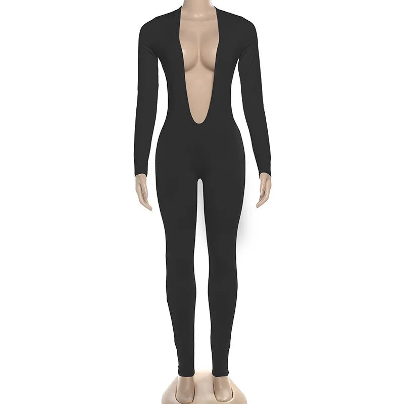 New Spring/Fall Sexy Solid Color Stretch Backless Deep V-Neck Slim Long Sleeve One Pieces Jumpsuit Bodysuit Evening Party Night Clubwear Sexy Jumpsuit Women Sexy Apparel Accessories Clothing Supplies