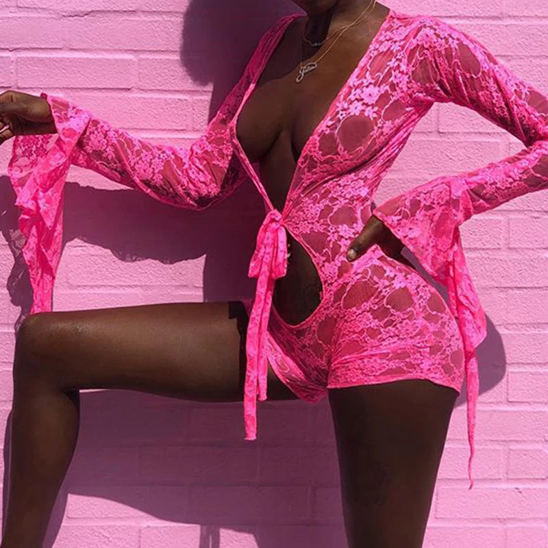 White/Black/Pink  Hot Sexy Women Mesh Sheer Hollow Out Rompers Onesies Shorts Pink Deep V-Neck Flare Sleeve Floral Bodycon Playsuit Jumpsuit