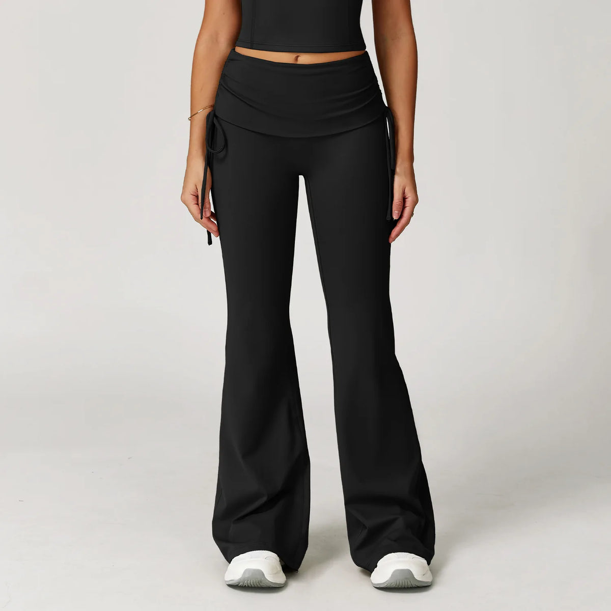 5 Colors S-XL Cross-Border Foldable High-Waisted Tummy Control Ruched Butt-Lifting Flared Pants Nude-Feel Wide-Leg Slimming Long Drawstring Outdoor Sport Activities Pants